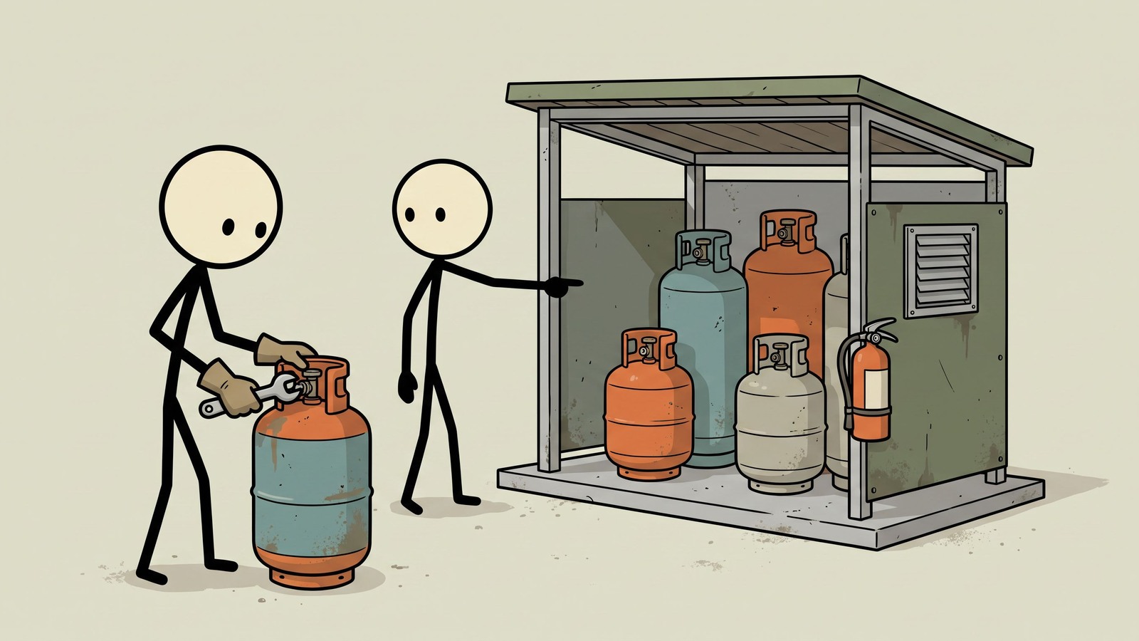 Ilustración estilo SC para una guía completa para preparacionistas sobre cómo almacenar, manipular y calcular de forma segura las necesidades de propano para la supervivencia a largo plazo fuera de la red y la preparación para emergencias.