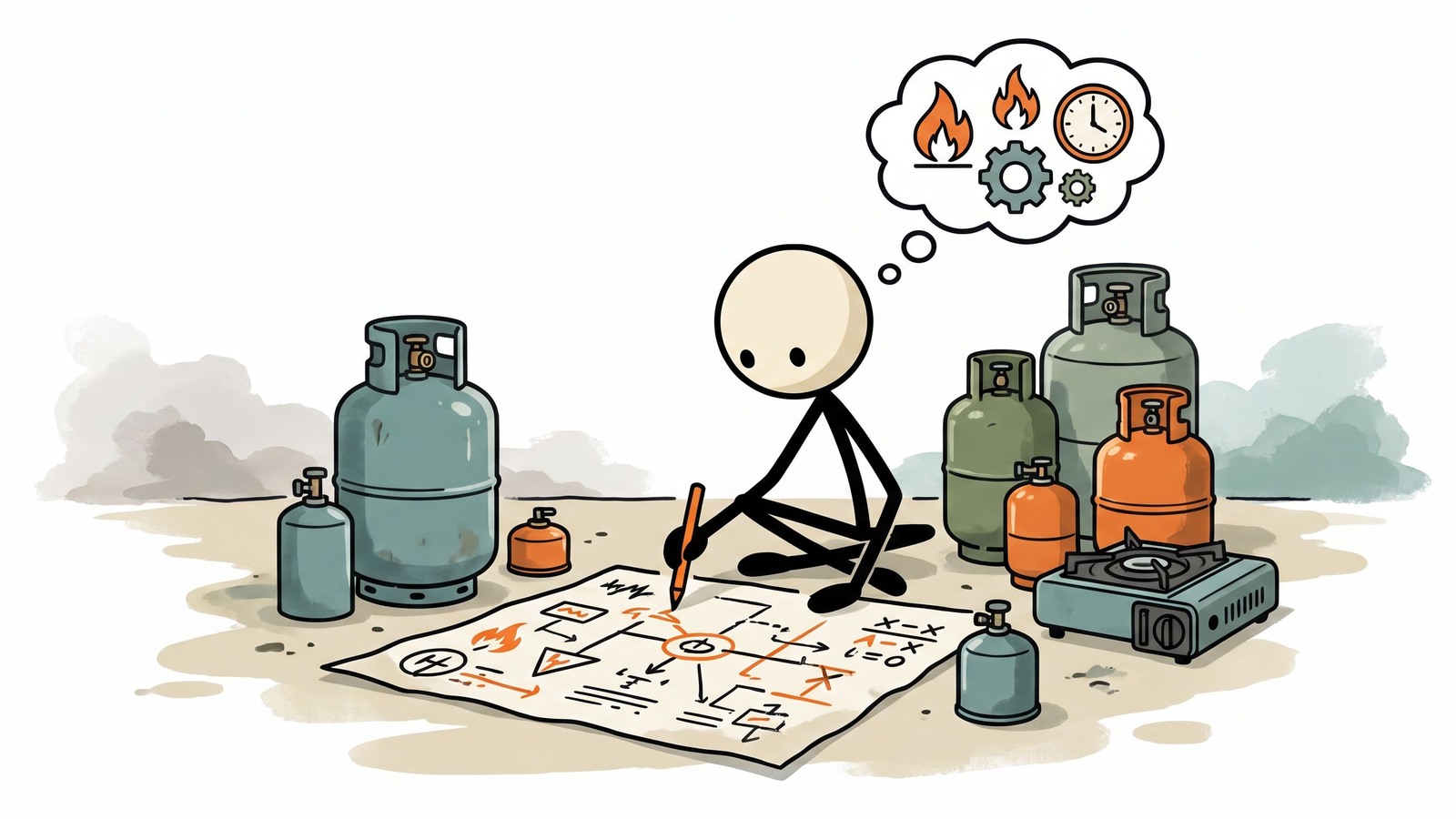 Ilustración estilo SC para una guía completa para preparacionistas sobre cómo almacenar, manipular y calcular de forma segura las necesidades de propano para la supervivencia a largo plazo fuera de la red y la preparación para emergencias.