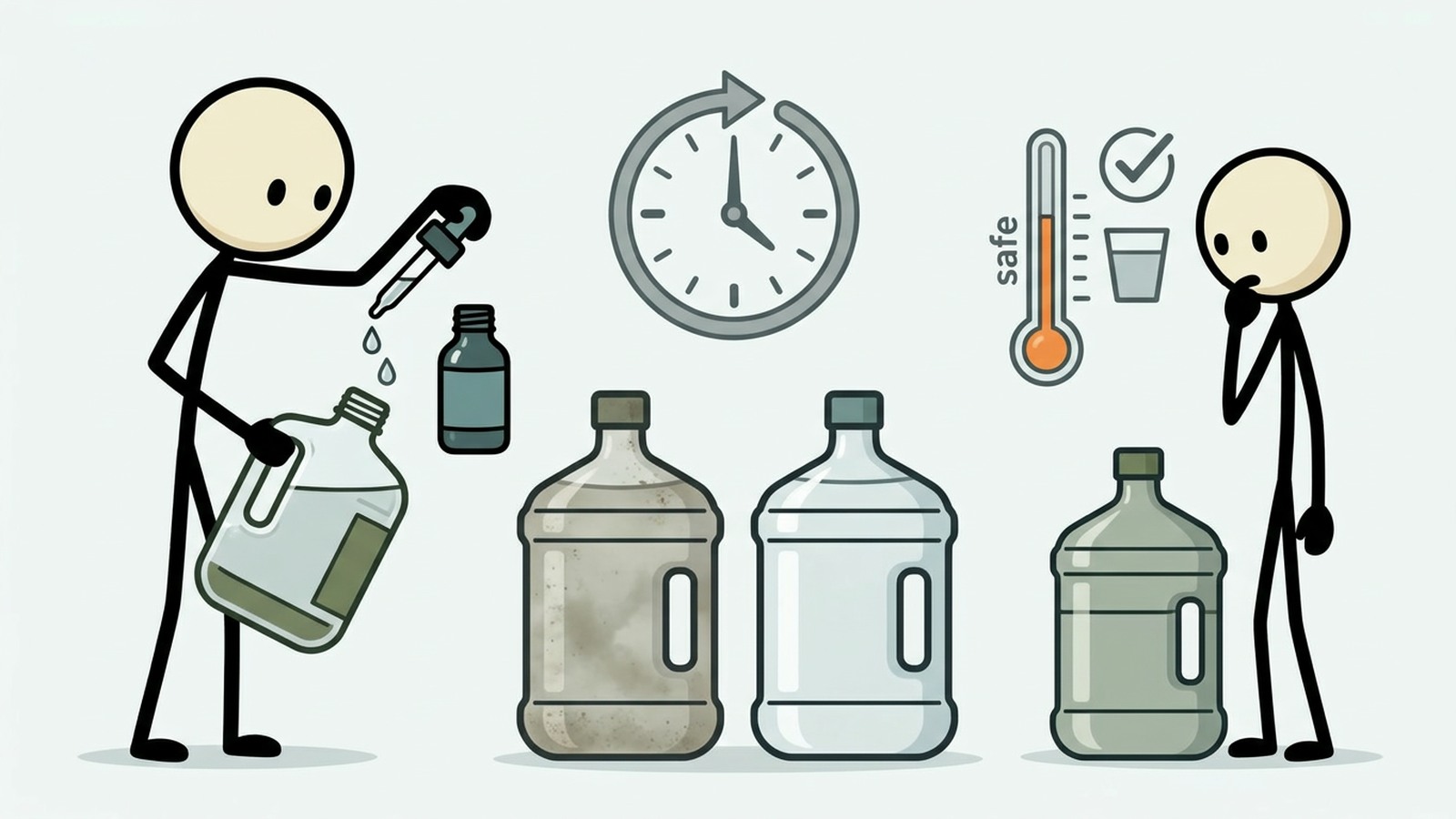 Ilustración estilo SC para explicar la dosificación de blanqueador doméstico sin perfume, el tiempo de contacto, los límites y cuándo se requiere otro método.