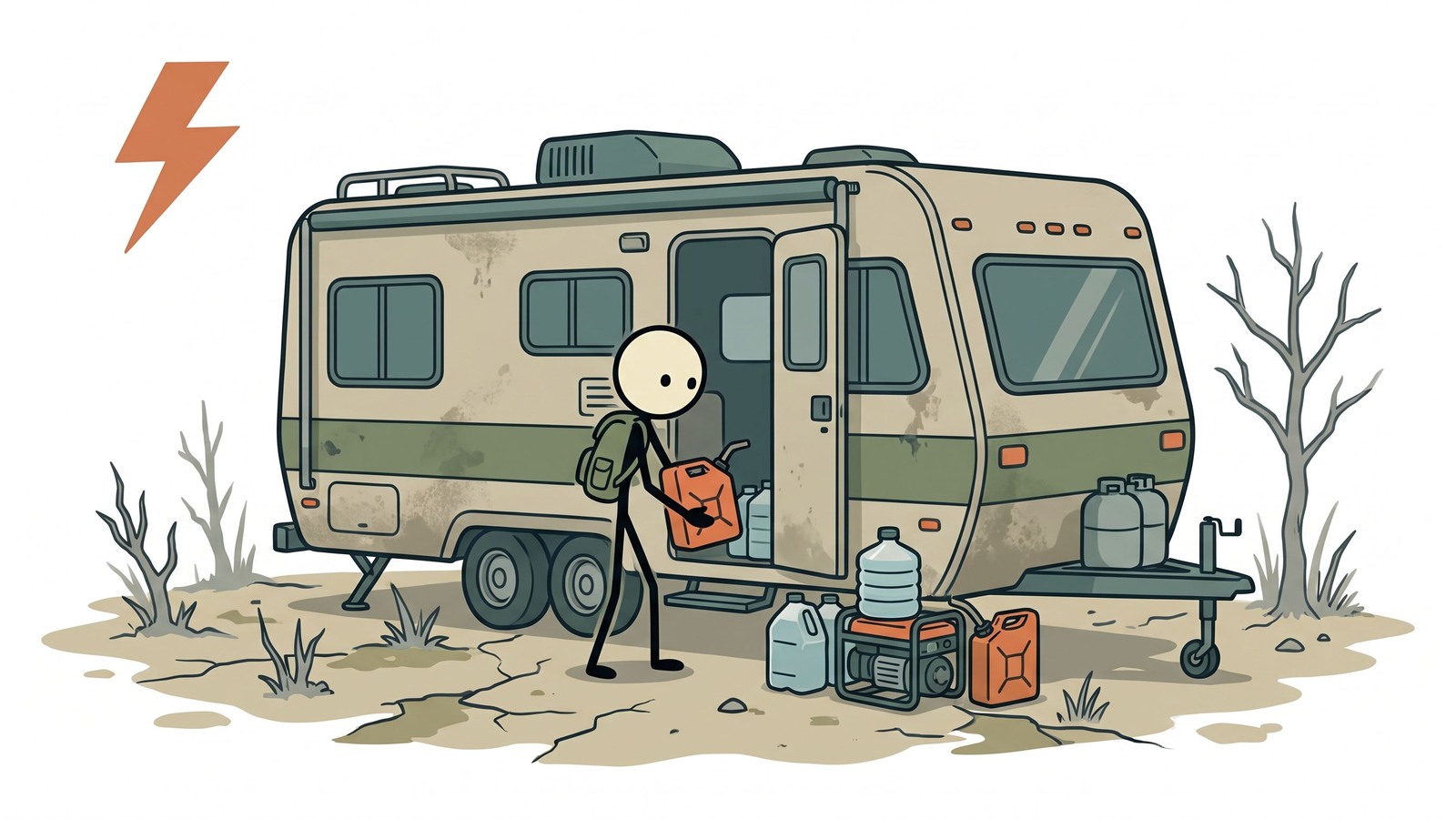 Ilustración estilo SC para Esta guía completa explora cómo equipar, abastecer y utilizar estratégicamente una RV o remolque de viaje como un refugio de supervivencia móvil autosuficiente durante evacuaciones de emergencia.