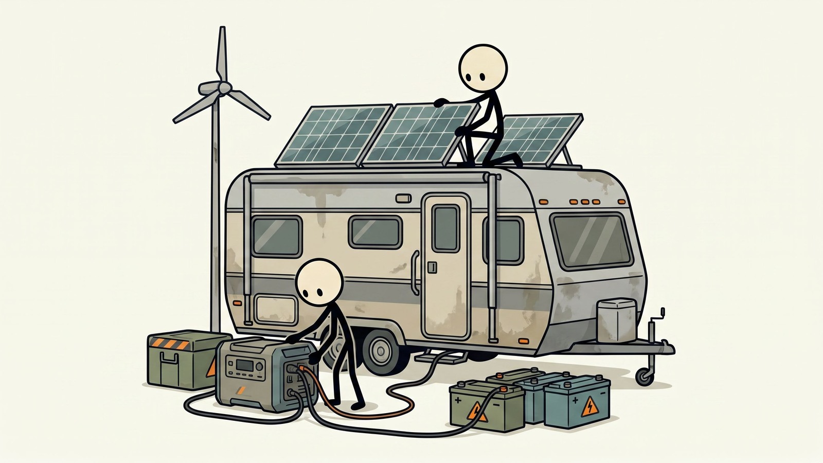 Ilustración estilo SC para Esta guía completa explora cómo equipar, abastecer y utilizar estratégicamente una RV o remolque de viaje como un refugio de supervivencia móvil autosuficiente durante evacuaciones de emergencia.