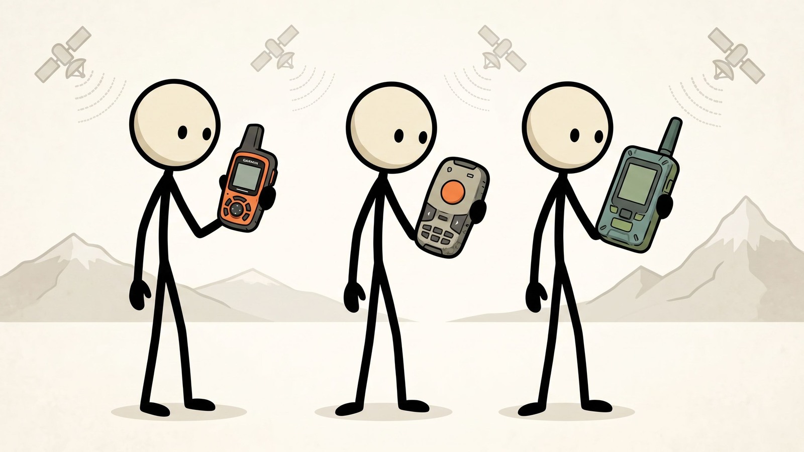 Ilustración estilo SC para comparación directa de los mejores comunicadores satelitales para preparación ante emergencias