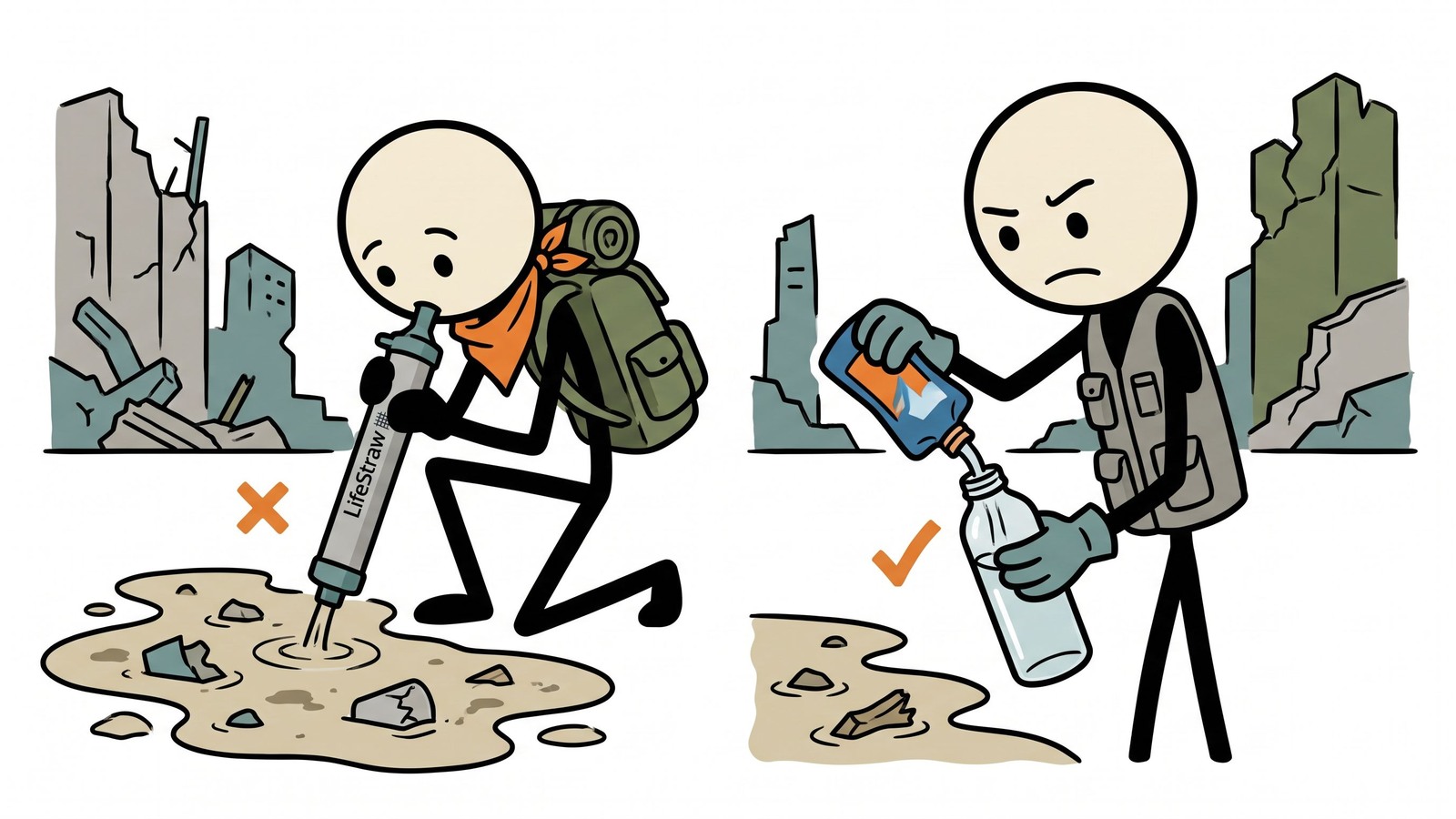 Ilustración del uso de emergencia del filtro de agua Sawyer Squeeze y LifeStraw
