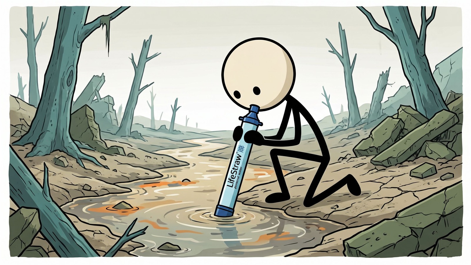 Familia preparando suministros de filtración de agua para emergencias