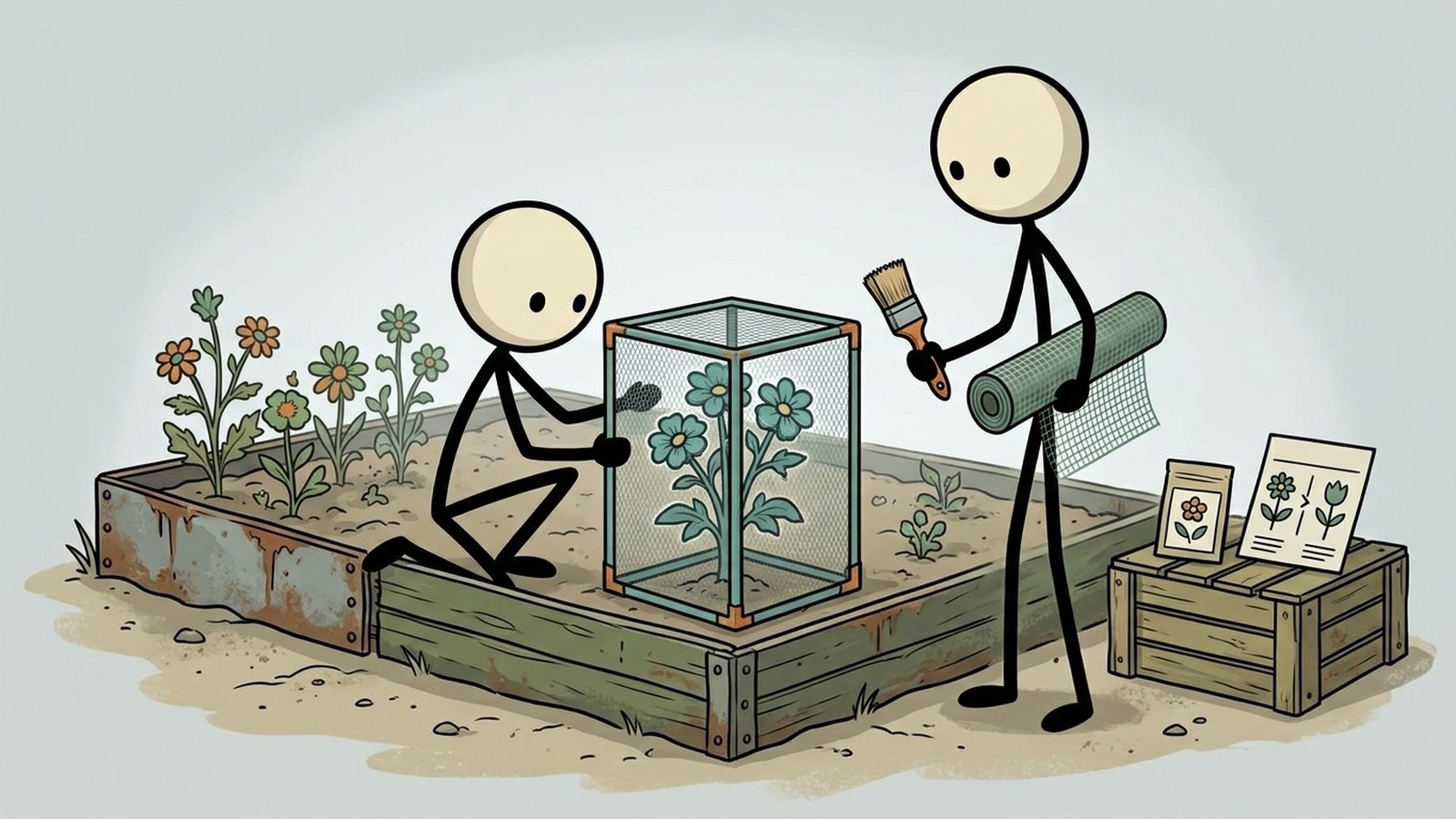 Ilustración estilo SC para una guía completa para preparacionistas sobre cómo seleccionar, cosechar y preservar semillas de herencia para construir un jardín de supervivencia autosuficiente que garantice la seguridad alimentaria a largo plazo durante crisis prolongadas.