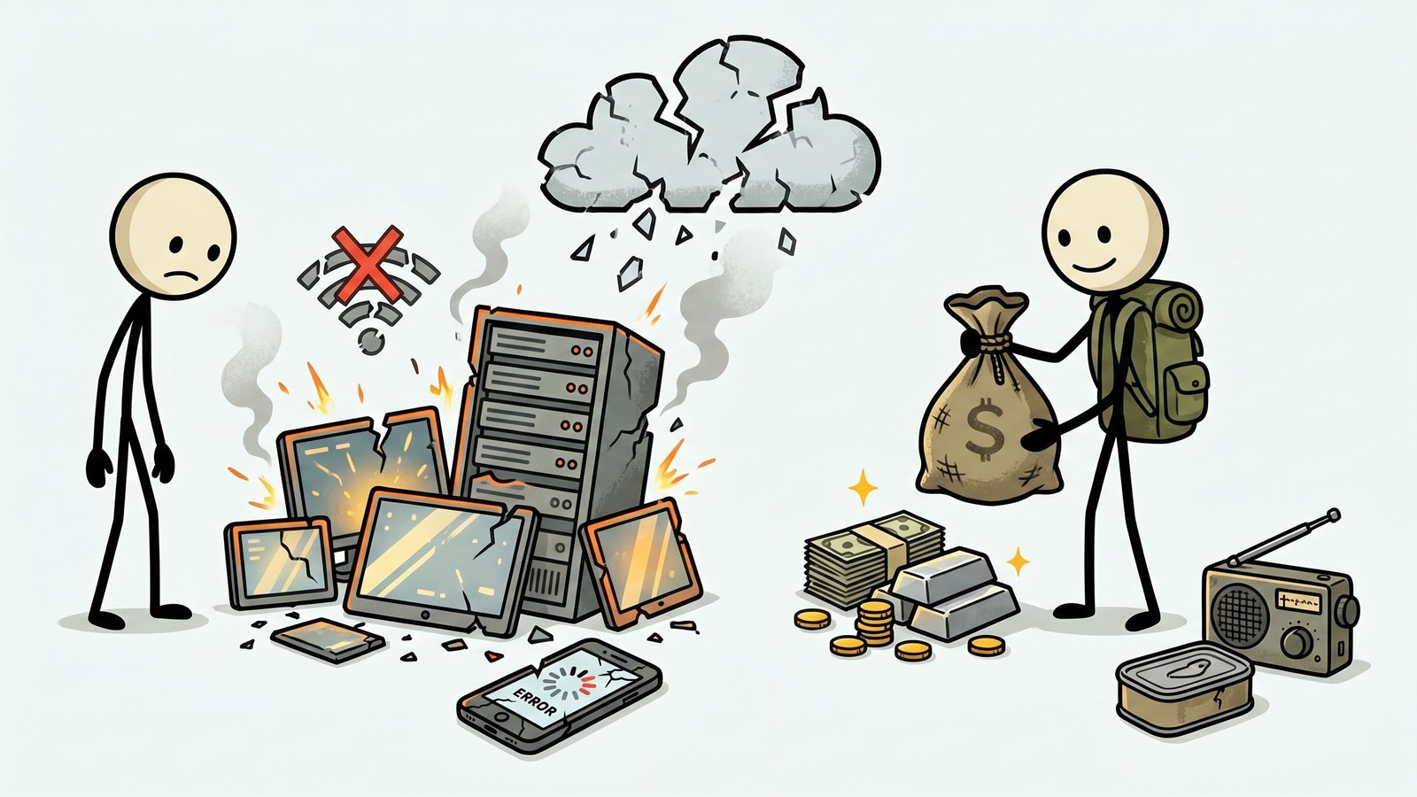 Ilustración estilo SC para Esta publicación analiza la utilidad en el mundo real y el valor de cambio de los metales preciosos frente a la moneda fiduciaria durante varias etapas de colapso económico o emergencias de caída de la red.
