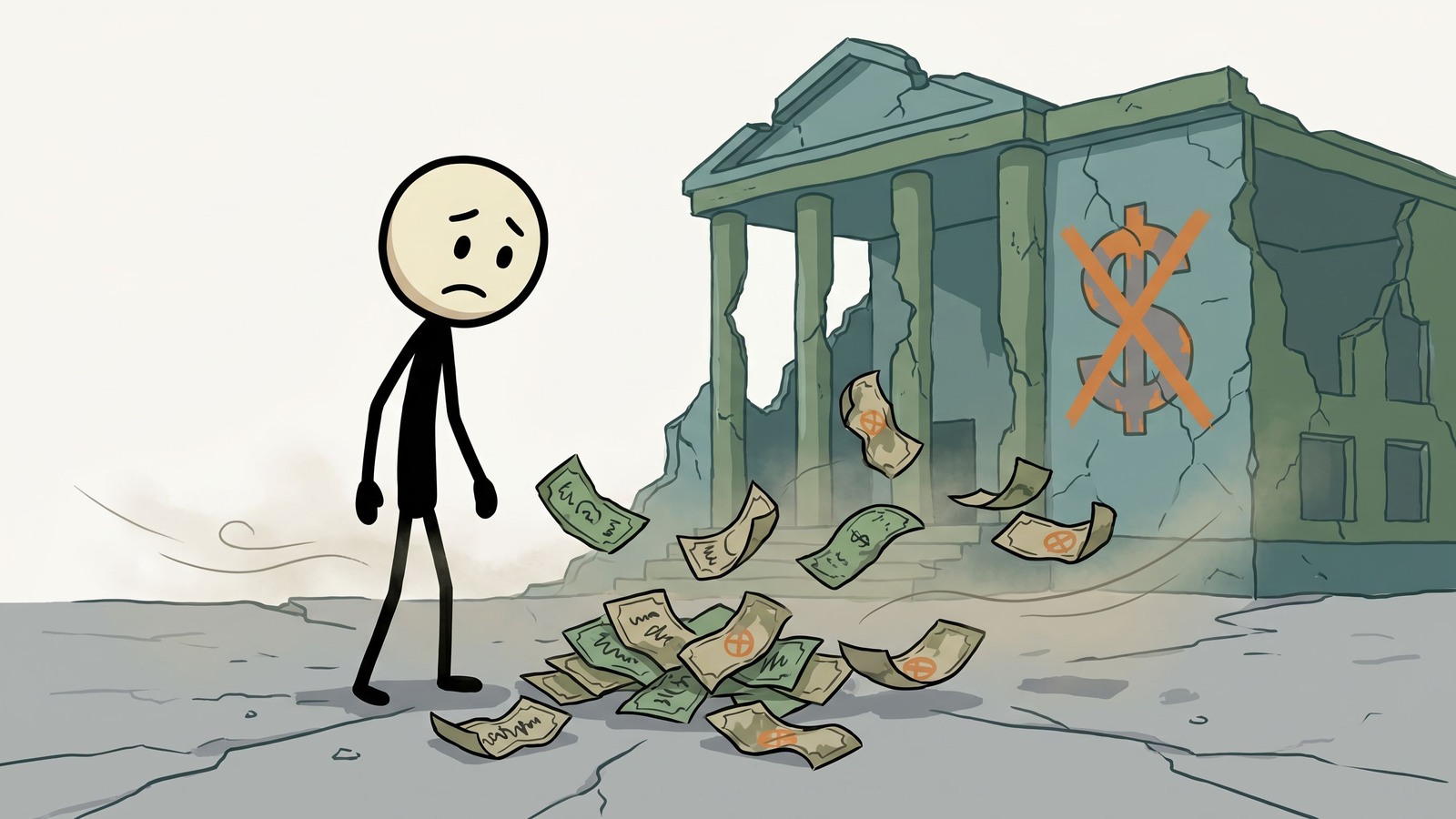 Ilustración estilo SC para Esta publicación analiza la utilidad en el mundo real y el valor de cambio de los metales preciosos frente a la moneda fiduciaria durante varias etapas de colapso económico o emergencias de caída de la red.