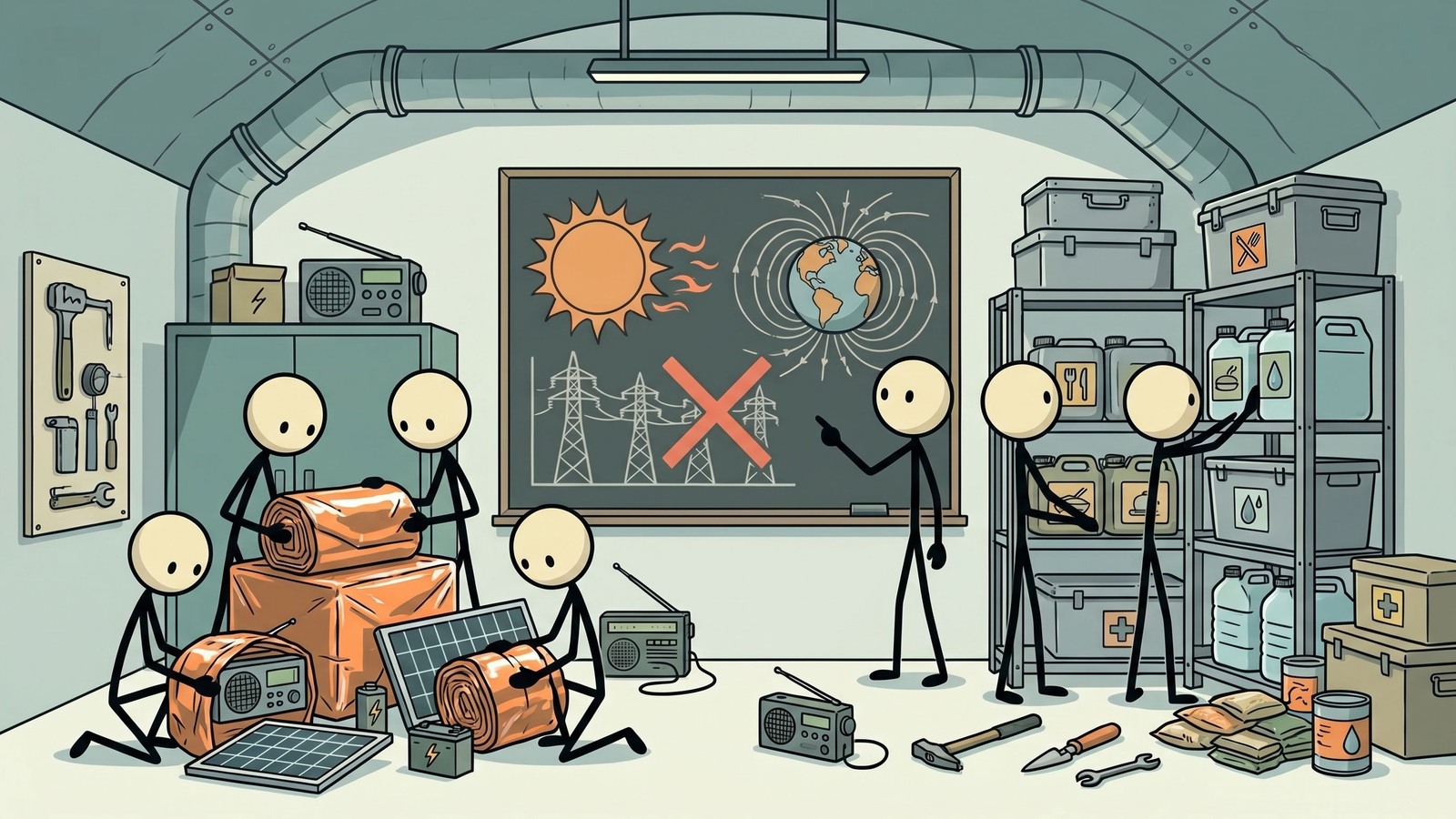Ilustración estilo SC para una guía basada en la ciencia para la preparación ante erupciones solares y tormentas geomagnéticas