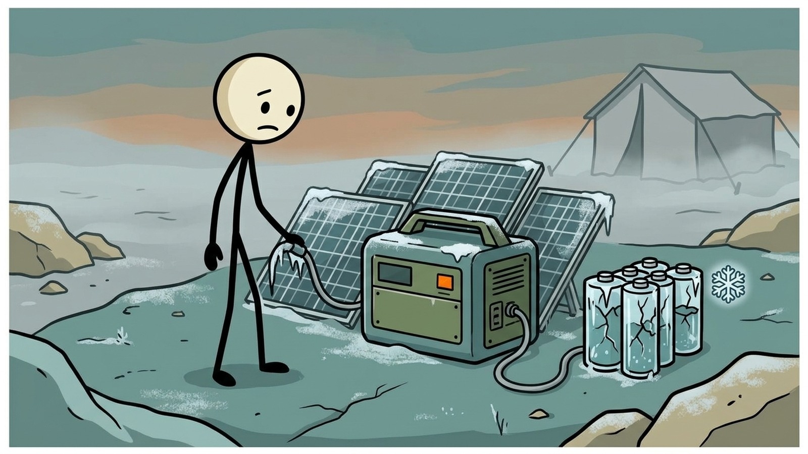 Ilustración estilo SC para Planificar el rendimiento real en invierno en función del ángulo del panel, la nieve, la temperatura de la batería y la reducción de la luz diurna.