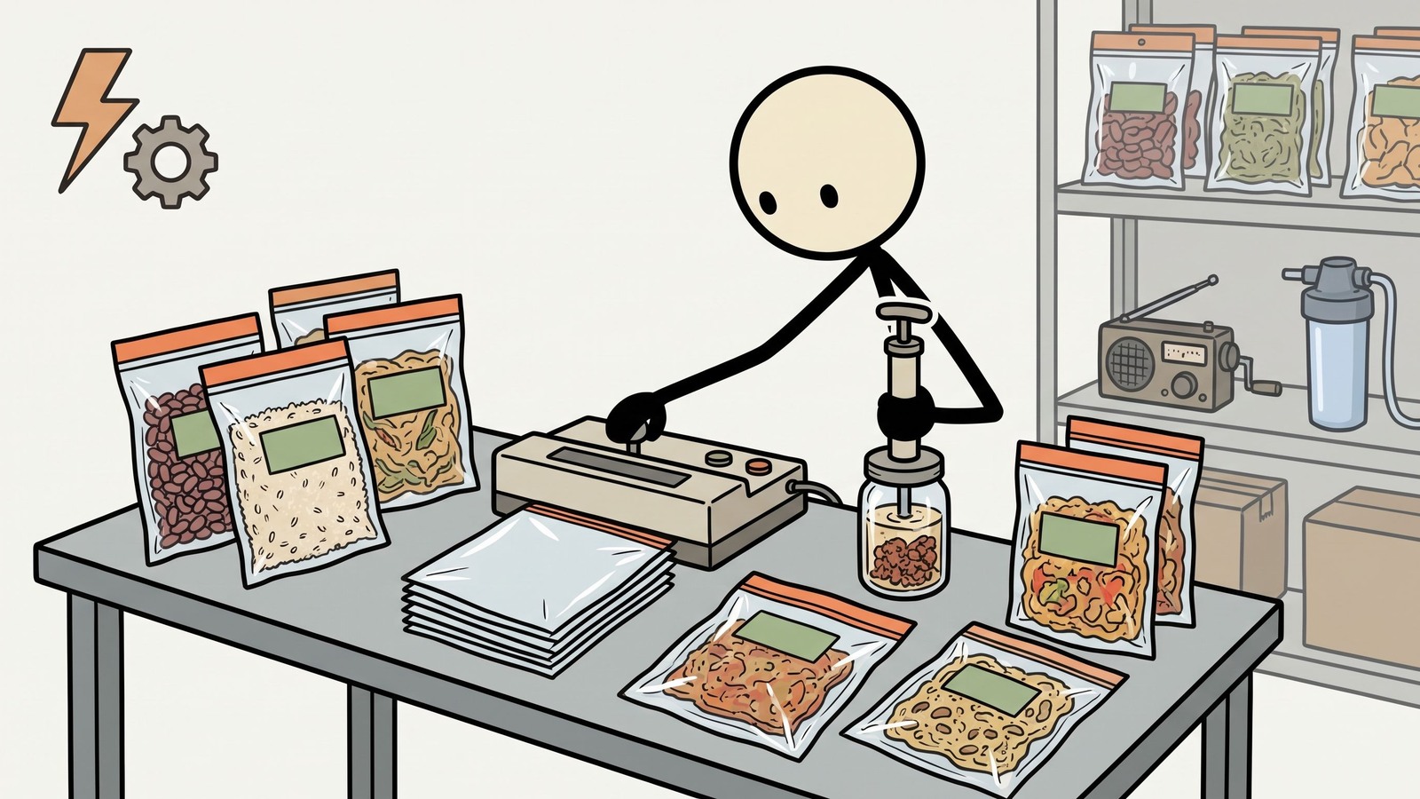 Ilustración estilo SC para una guía completa y paso a paso sobre cómo sellar al vacío de forma segura varios tipos de alimentos en casa para maximizar la vida útil para la preparación para emergencias a largo plazo y las reservas de supervivencia.