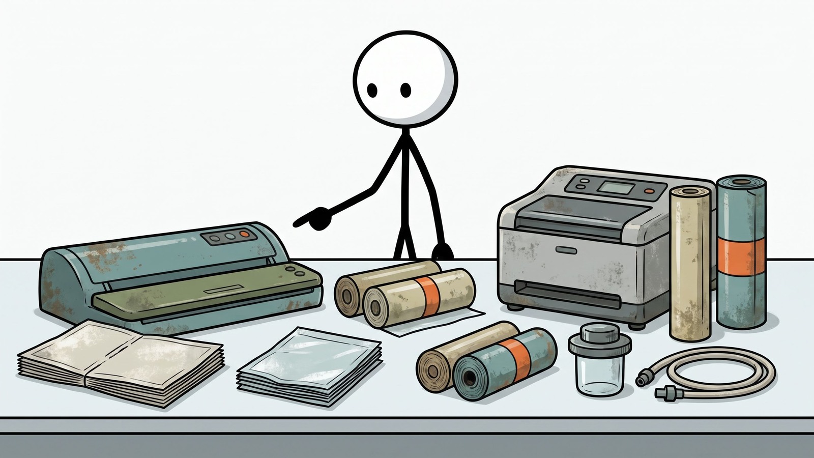 Ilustración estilo SC para una guía completa y paso a paso sobre cómo sellar al vacío de forma segura varios tipos de alimentos en casa para maximizar la vida útil para la preparación para emergencias a largo plazo y las reservas de supervivencia.