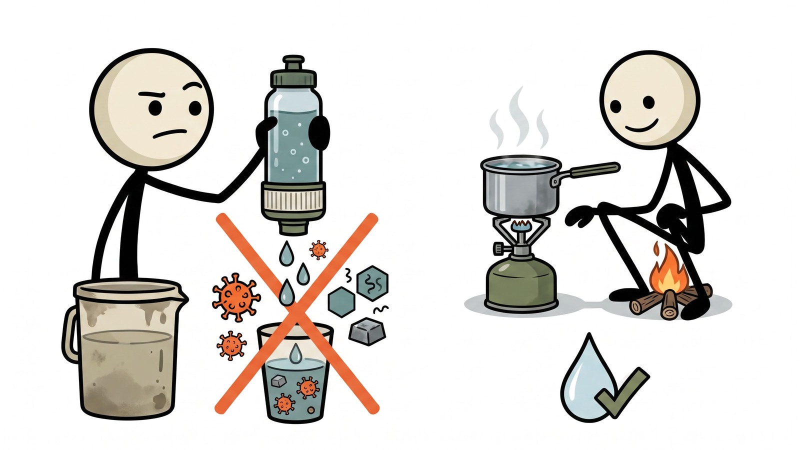 Ilustración estilo SC para Esta publicación desmiente conceptos erróneos peligrosos sobre los filtros de agua portátiles al identificar los contaminantes específicos que no pueden eliminar y describir los escenarios críticos en los que la ebullición es el único método de purificación seguro.