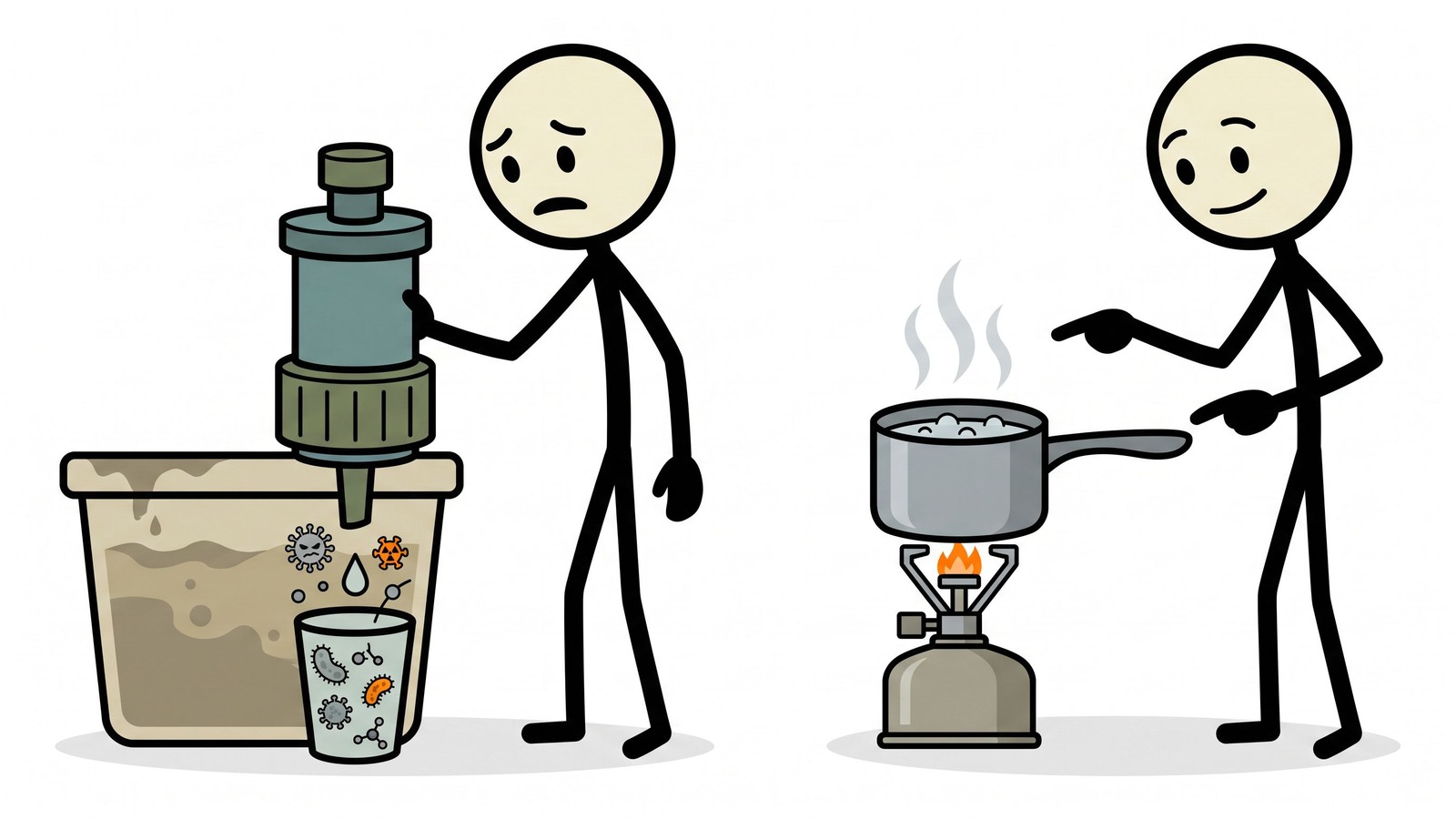 Ilustración estilo SC para Esta publicación desmiente conceptos erróneos peligrosos sobre los filtros de agua portátiles al identificar los contaminantes específicos que no pueden eliminar y describir los escenarios críticos en los que la ebullición es el único método de purificación seguro.