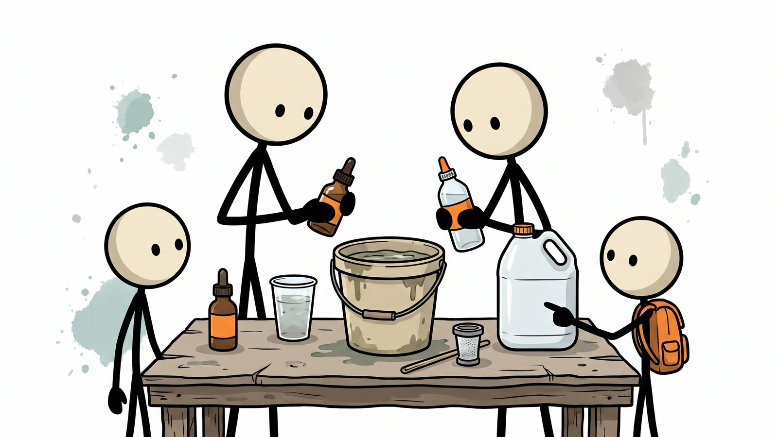 Ilustración estilo SC para una guía práctica de emergencia sobre tabletas purificadoras de agua para familias, comparando yodo, dióxido de cloro y blanqueador de hipoclorito de sodio; explica la vida útil, cuándo las tabletas superan a los filtros, cuándo los filtros superan a las tabletas, uso seguro y guía de compra.