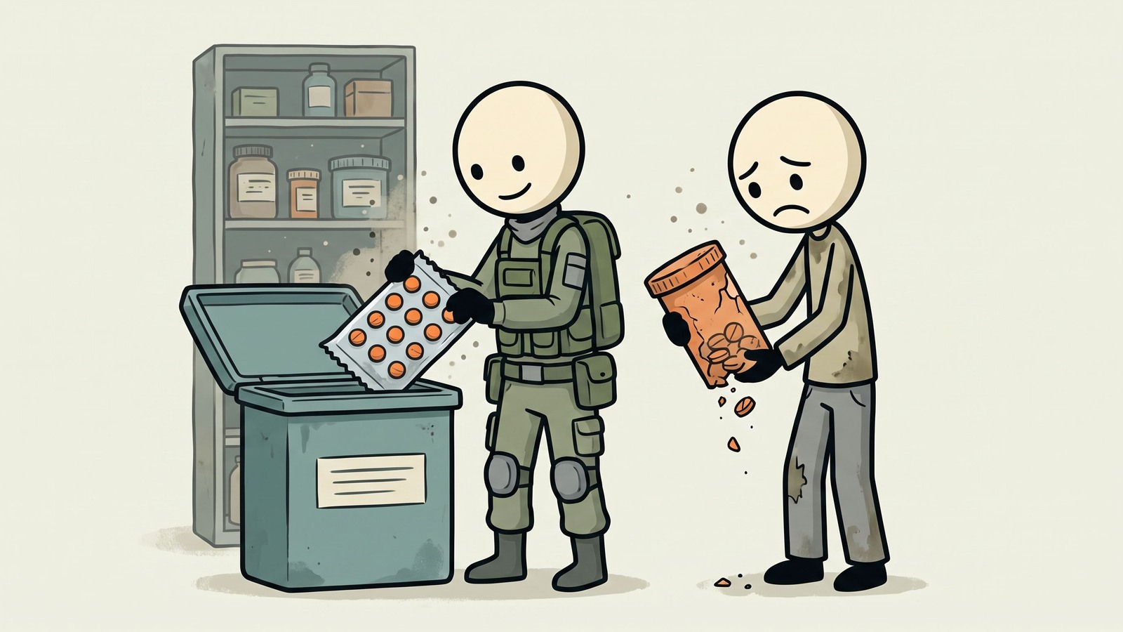 Ilustración estilo SC para una guía práctica de emergencia sobre tabletas purificadoras de agua para familias, comparando yodo, dióxido de cloro y blanqueador de hipoclorito de sodio; explica la vida útil, cuándo las tabletas superan a los filtros, cuándo los filtros superan a las tabletas, uso seguro y guía de compra.