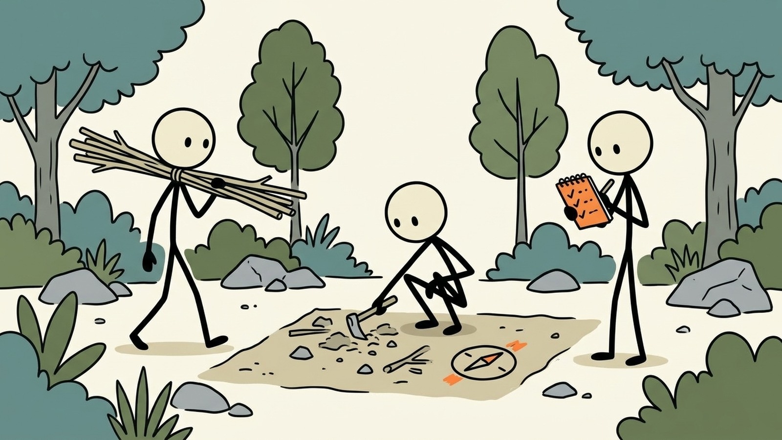 Ilustración estilo SC para Esta guía completa proporciona instrucciones paso a paso para construir seis refugios de emergencia en la naturaleza altamente efectivos y aptos para principiantes, utilizando recursos naturales fácilmente disponibles para garantizar la supervivencia en situaciones críticas al aire libre.