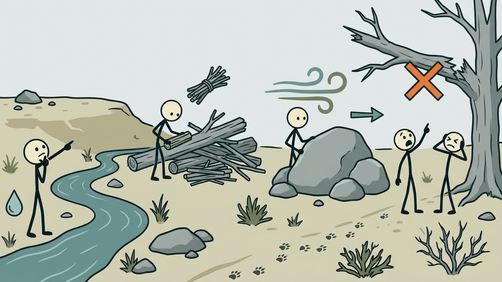 Ilustración estilo SC para Esta guía completa proporciona instrucciones paso a paso para construir seis refugios de emergencia en la naturaleza altamente efectivos y aptos para principiantes, utilizando recursos naturales fácilmente disponibles para garantizar la supervivencia en situaciones críticas al aire libre.