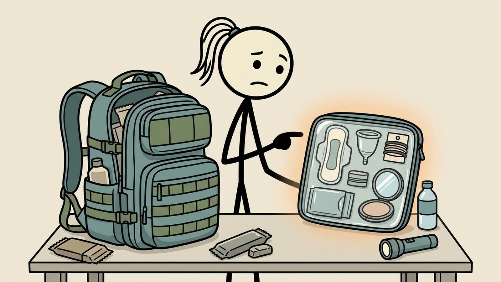 Ilustración estilo SC para guía de mochila de emergencia que aborda necesidades típicamente pasadas por alto en listas de preparación genéricas