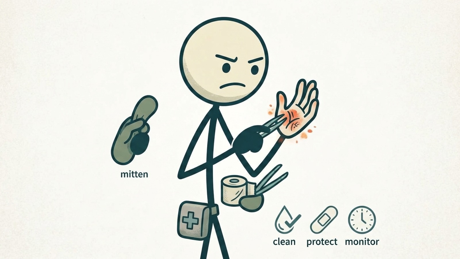 Ilustración estilo SC para una guía de preparación para emergencias centrada en identificar los signos tempranos de infección de heridas y administrar protocolos de primeros auxilios fuera de la red cuando la ayuda médica profesional no está disponible.