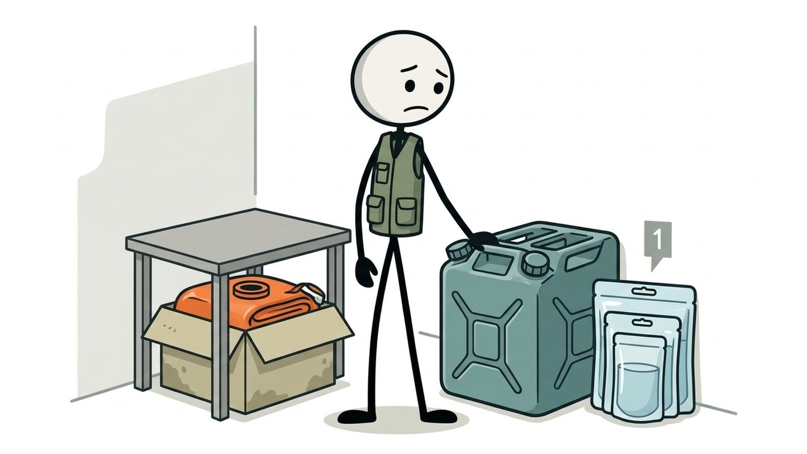 Illustration de style SC pour Planifier un stockage d'eau pratique pour les petites maisons sans garages, sous-sols ou grands barils.
