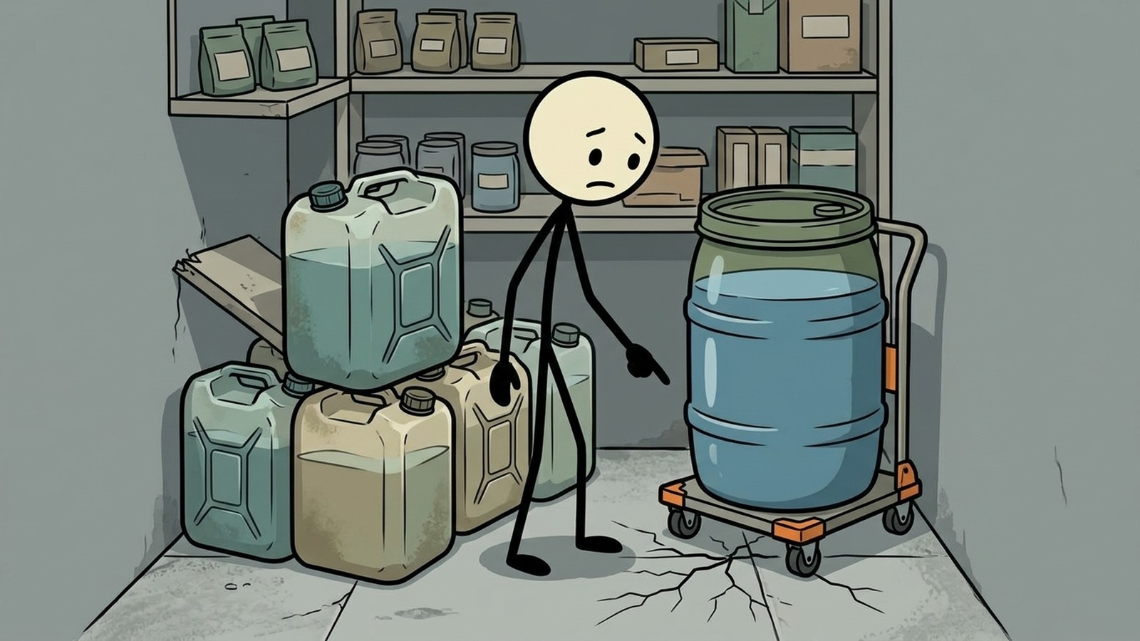 Illustration de style SC pour Planifier un stockage d'eau pratique pour les petites maisons sans garages, sous-sols ou grands barils.