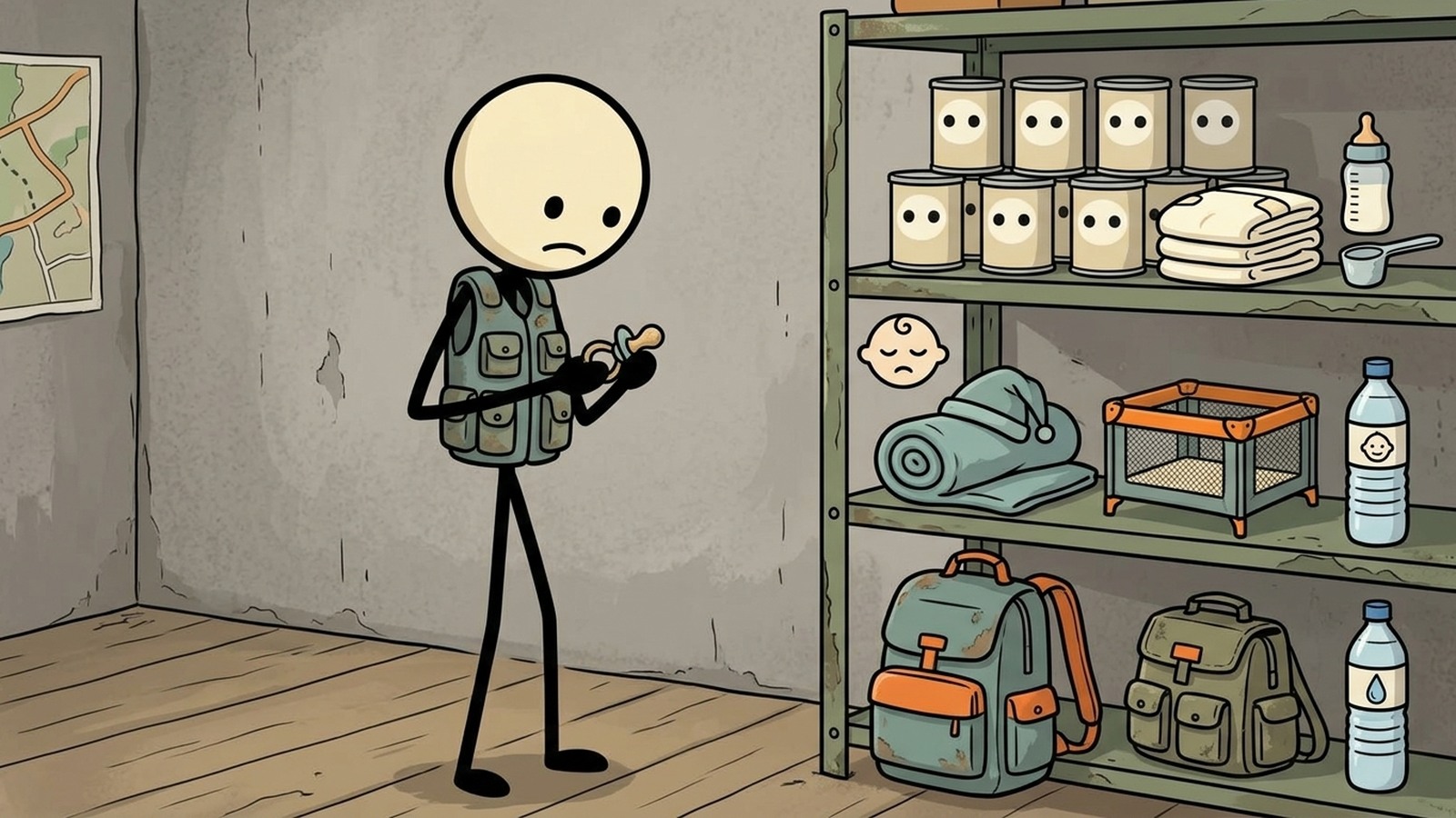 Illustration de style SC pour Préparer un kit de 72 heures spécifique aux bébés et des routines pour l'alimentation, l'hygiène, la température et le transport.