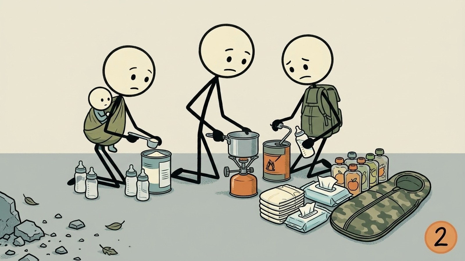 Illustration de style SC pour Préparer un kit de 72 heures spécifique aux bébés et des routines pour l'alimentation, l'hygiène, la température et le transport.