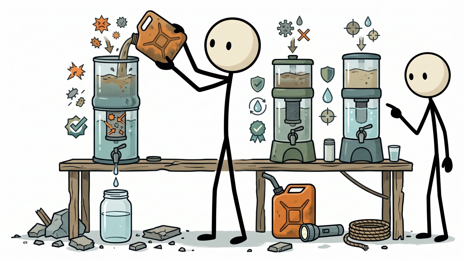 Illustration de style SC pour une comparaison directe des trois principaux filtres à eau à gravité domestiques