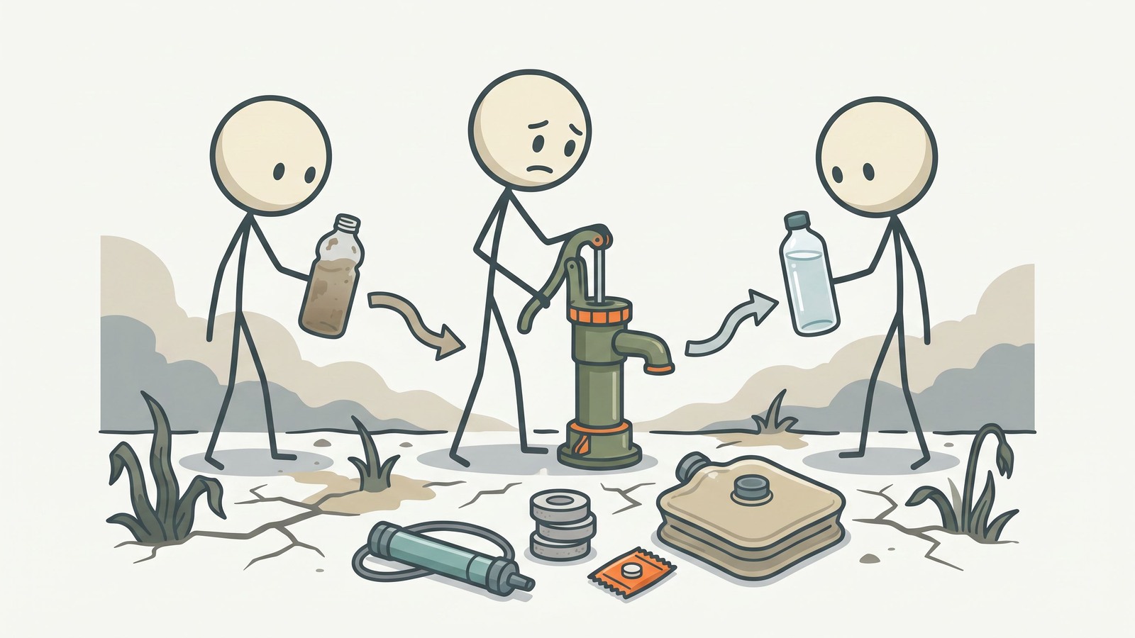 Illustration de style SC pour comparer les options de filtration et de purification d'eau d'urgence pour un usage domestique, les kits d'évacuation et le débit pour une famille