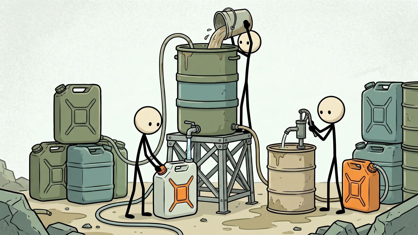 Illustration de style SC pour comparer les options de filtration et de purification d'eau d'urgence pour un usage domestique, les kits d'évacuation et le débit pour une famille