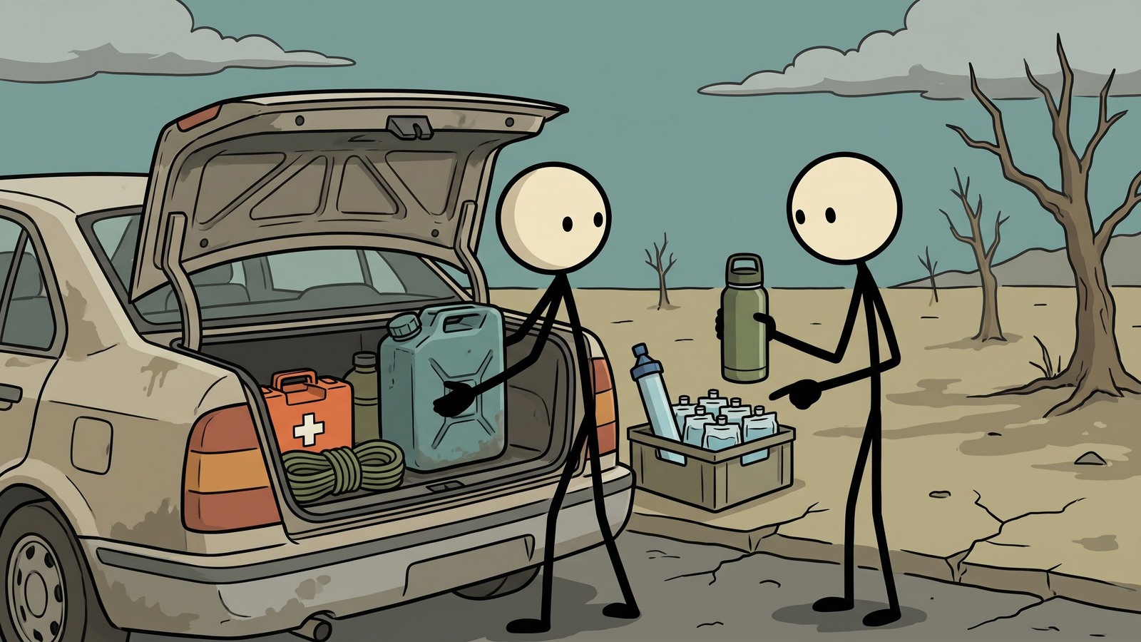 Illustration de style SC pour la préparation aux urgences automobiles, incluant outils, équipement saisonnier, sauvegardes de communication et protocole de sécurité routière