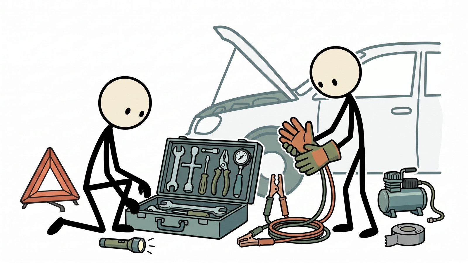 Illustration de style SC pour la préparation aux urgences automobiles, incluant outils, équipement saisonnier, sauvegardes de communication et protocole de sécurité routière