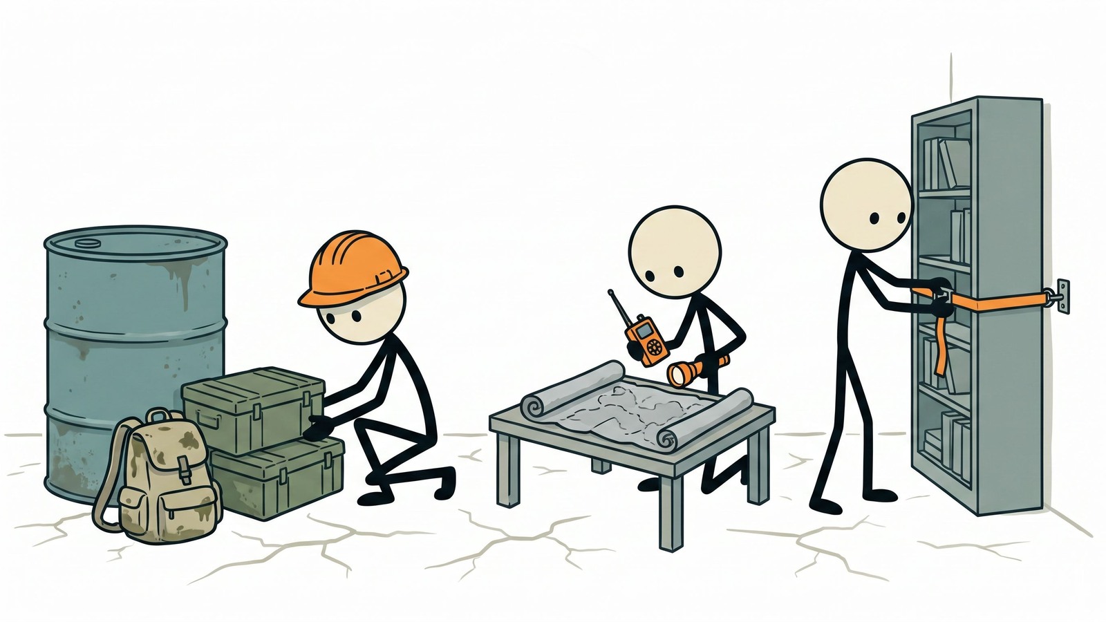 Illustration de style SC pour un guide de survie complet et pratique adapté aux résidents du Nord-Ouest Pacifique pour se préparer, survivre et se remettre d'un tremblement de terre de subduction catastrophique dans la zone de subduction de Cascadia.
