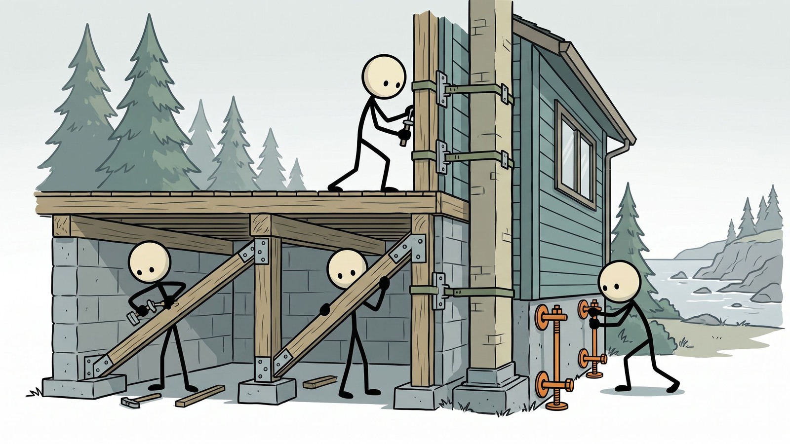 Illustration de style SC pour un guide de survie complet et pratique adapté aux résidents du Nord-Ouest Pacifique pour se préparer, survivre et se remettre d'un tremblement de terre de subduction catastrophique dans la zone de subduction de Cascadia.