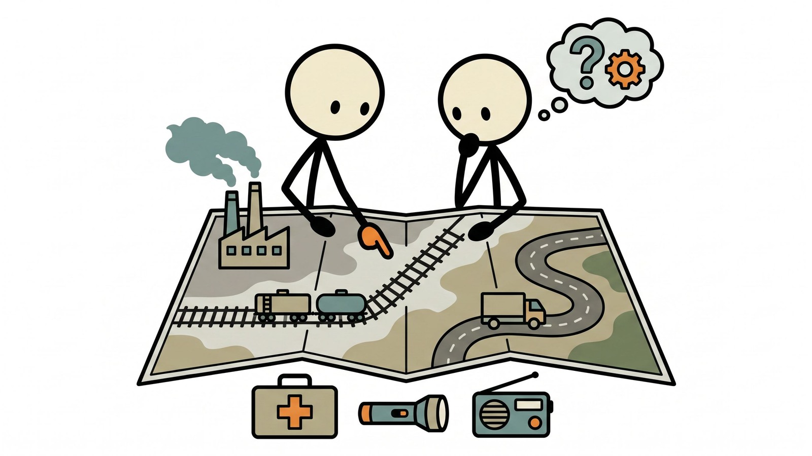 Illustration de style SC pour un guide pratique de préparation des ménages aux déversements chimiques industriels, aux déraillements de trains et aux événements liés aux matières dangereuses