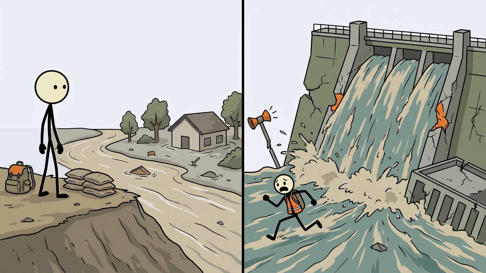 Illustration de style SC expliquant la menace sous-estimée des ruptures de barrage, comment trouver votre zone d'inondation de barrage, la différence critique entre une rupture de barrage et une inondation régulière, et les protocoles d'évacuation rapide.