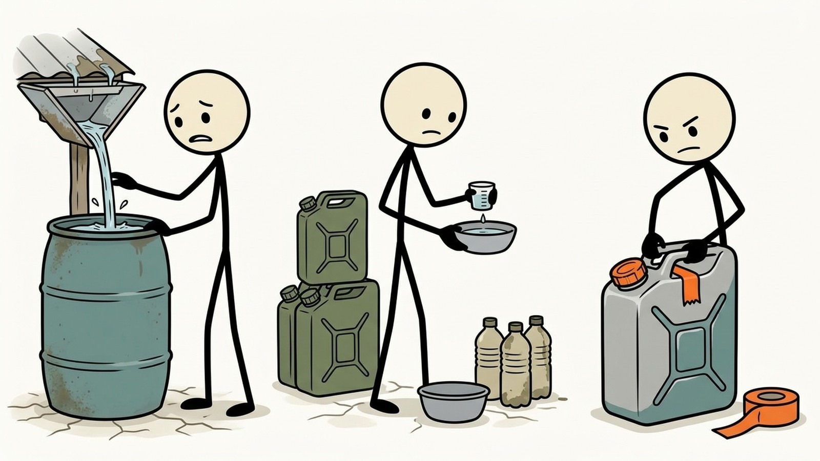 Illustration de style SC pour les scénarios de sécheresse de plusieurs semaines et de plusieurs mois, y compris les restrictions d'eau municipales, la défaillance des puits, les stratégies de rationnement de l'eau domestique, la réutilisation des eaux grises et la vie à long terme résistante à la sécheresse.