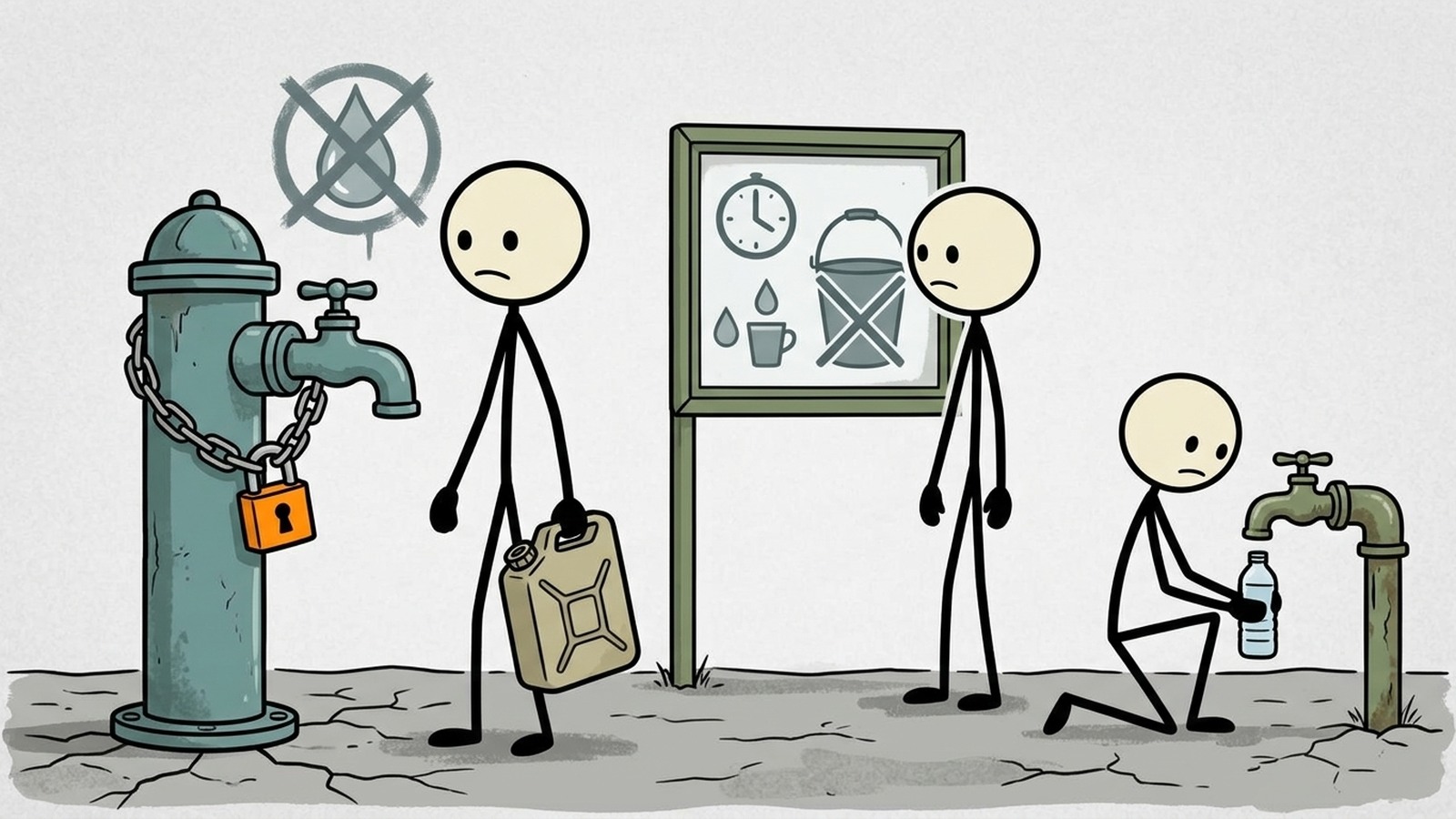 Illustration de style SC pour les scénarios de sécheresse de plusieurs semaines et de plusieurs mois, y compris les restrictions d'eau municipales, la défaillance des puits, les stratégies de rationnement de l'eau domestique, la réutilisation des eaux grises et la vie à long terme résistante à la sécheresse.