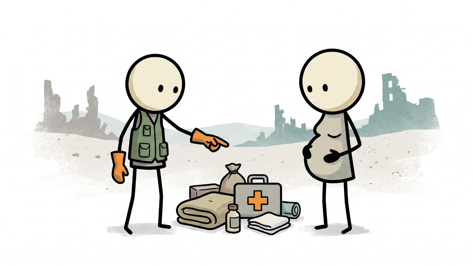Illustration de style SC pour un guide étape par étape pour gérer un accouchement d'urgence lorsque l'assistance médicale professionnelle n'est pas disponible