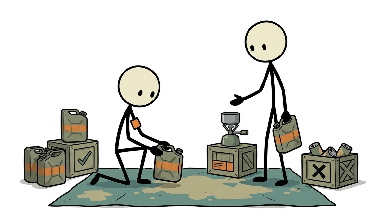 Illustration de style SC pour Comparer les types de carburant, les règles de stockage, la ventilation, les besoins saisonniers et l'utilisation sûre en extérieur.
