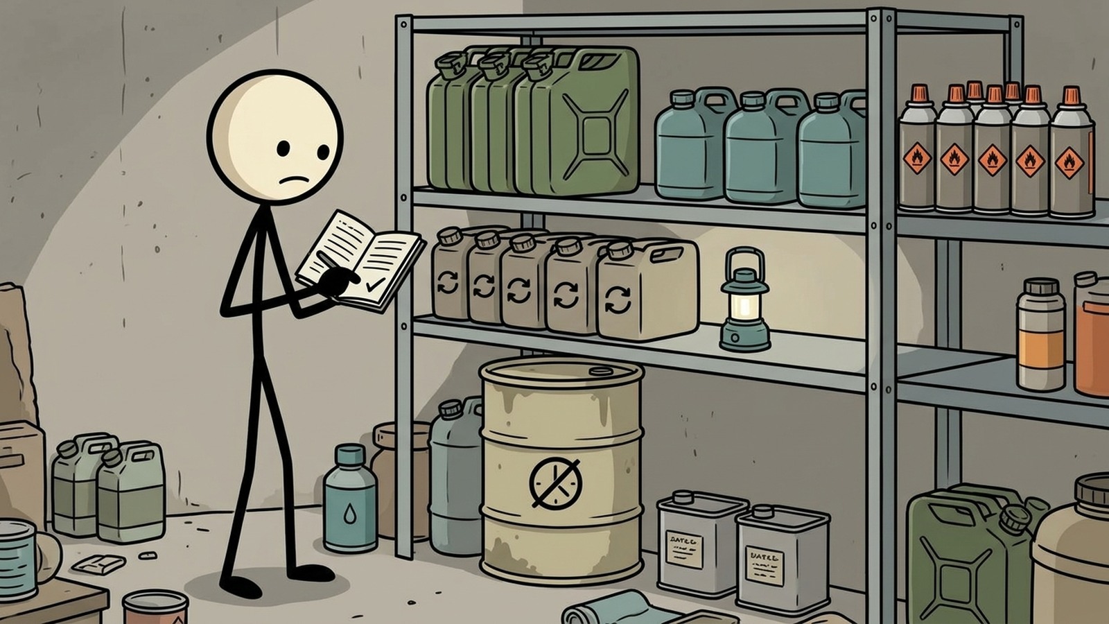 Illustration de style SC pour Comparer les types de carburant, les règles de stockage, la ventilation, les besoins saisonniers et l'utilisation sûre en extérieur.
