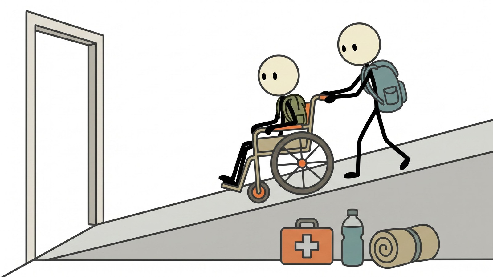 Illustration de style SC pour un guide complet destiné aux personnes handicapées couvrant la planification de l'évacuation, les barrières de communication, l'alimentation de secours pour les équipements médicaux, les registres des besoins spéciaux et la manière dont les soignants peuvent coordonner le soutien.