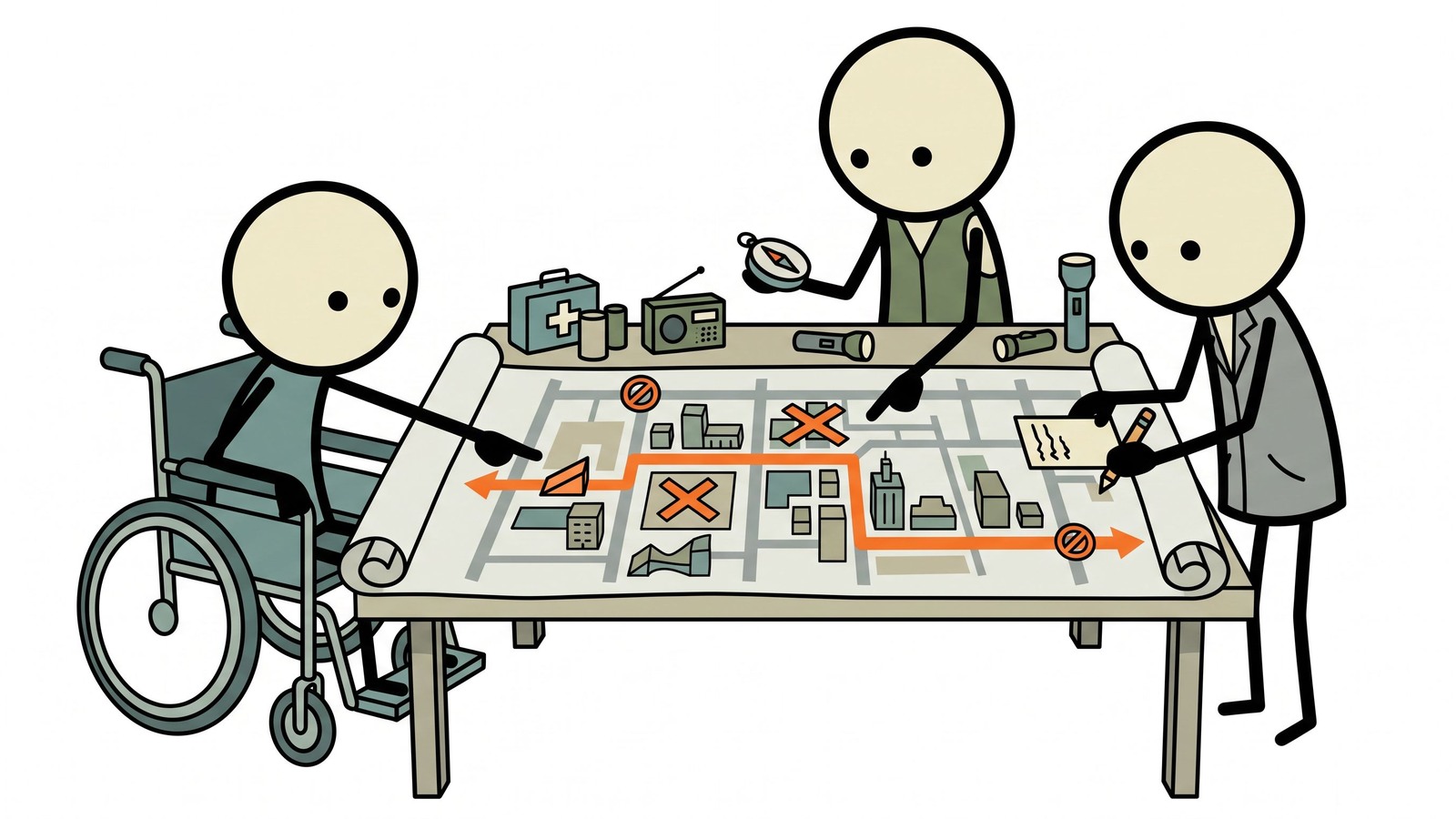 Illustration de style SC pour un guide complet destiné aux personnes handicapées couvrant la planification de l'évacuation, les barrières de communication, l'alimentation de secours pour les équipements médicaux, les registres des besoins spéciaux et la manière dont les soignants peuvent coordonner le soutien.