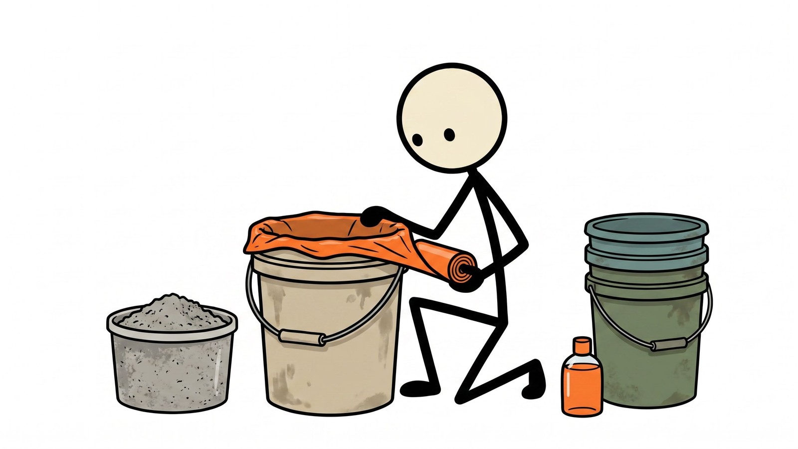 Illustration de style SC pour la planification de l'assainissement domestique en cas de coupure d'eau, y compris les alternatives aux toilettes, l'hygiène des mains, la gestion des déchets et la prévention des maladies