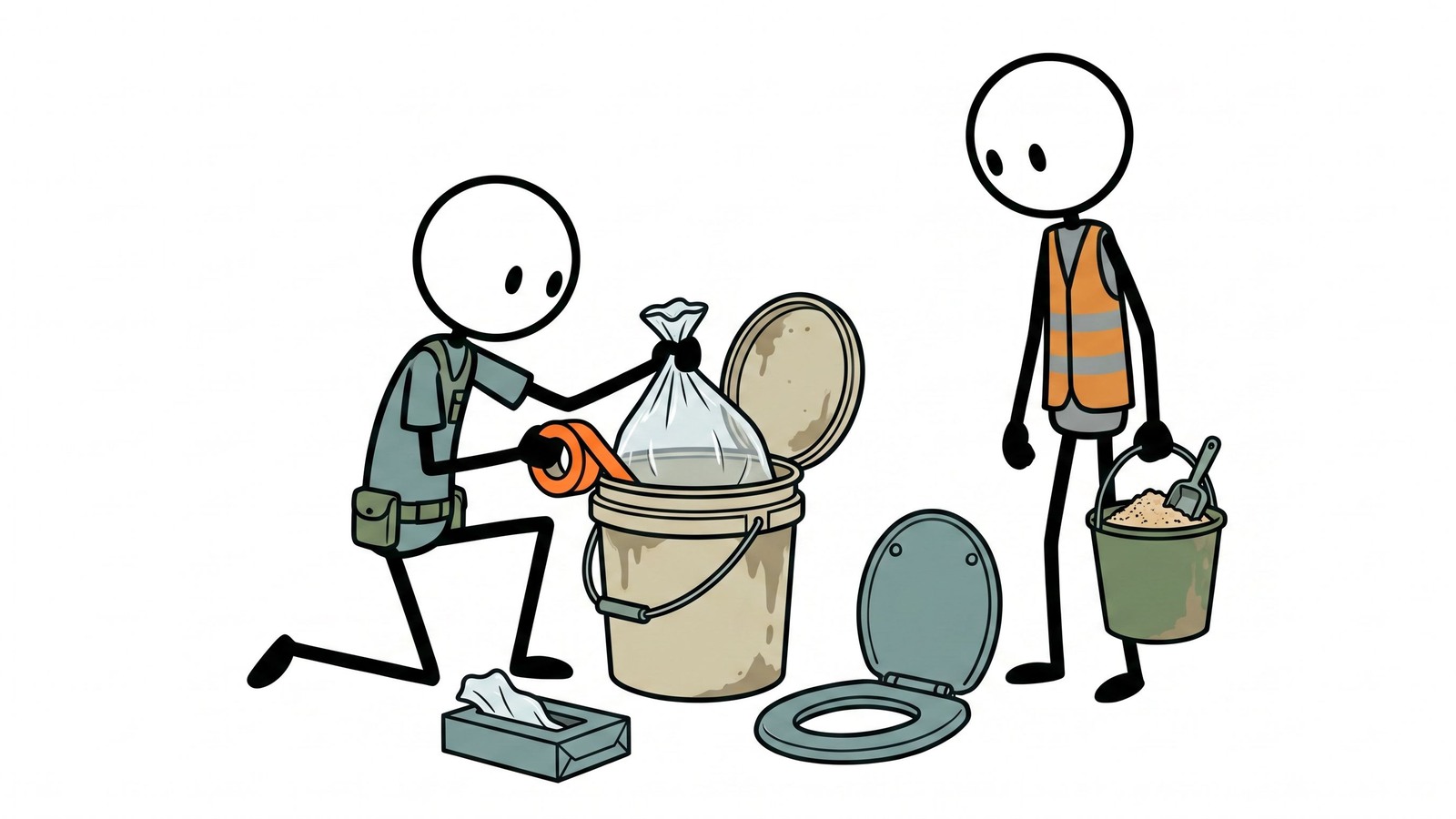 Illustration de style SC pour la planification de l'assainissement domestique en cas de coupure d'eau, y compris les alternatives aux toilettes, l'hygiène des mains, la gestion des déchets et la prévention des maladies