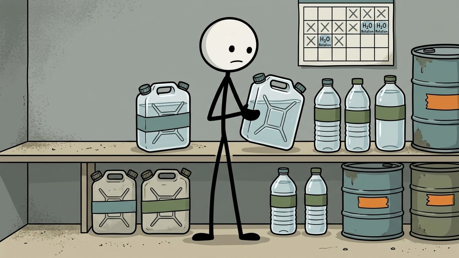 Bonhomme allumette sur un calendrier de rotation pour le stockage de l'eau
