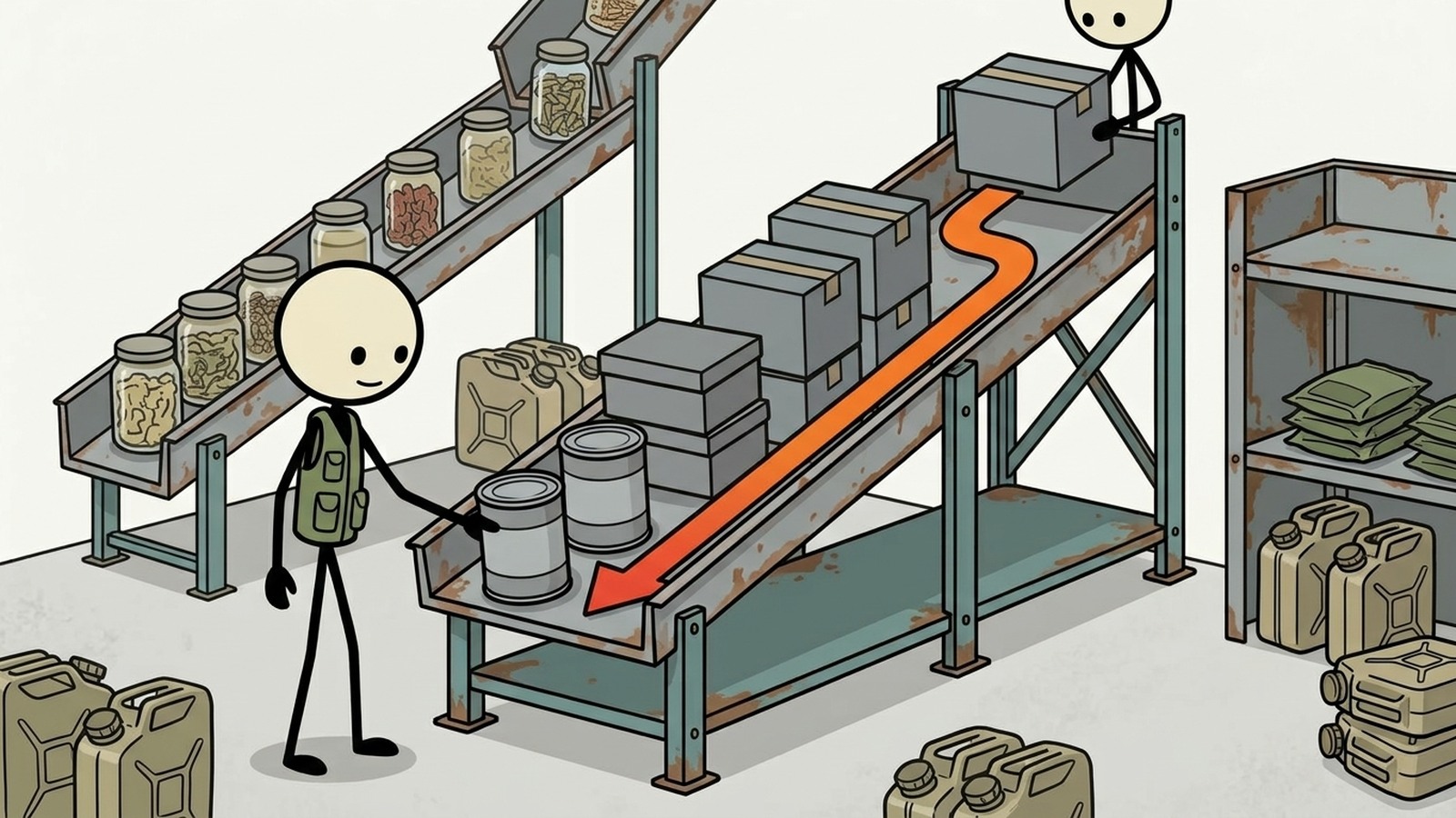 Illustration de style SC pour Cet article fournit un guide complet, étape par étape, sur la mise en œuvre de la méthodologie Premier Entré, Premier Sorti (FIFO) pour organiser les garde-manger d'urgence et éliminer le gaspillage alimentaire coûteux.