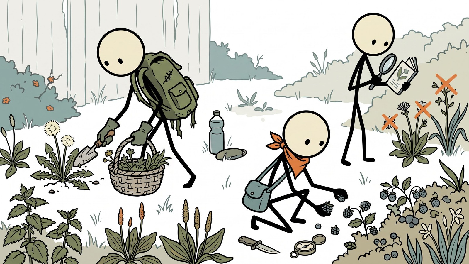 Illustration de style SC pour l'introduction à la cueillette de plantes sauvages comestibles pour la supplémentation alimentaire d'urgence