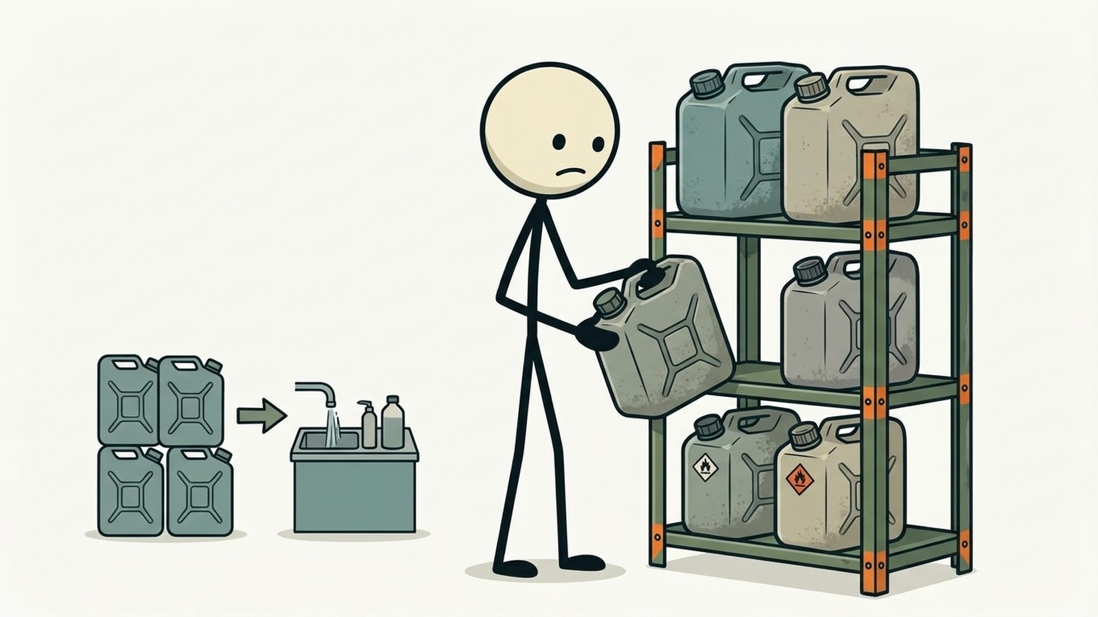 Illustration de style SC expliquant les conteneurs approuvés, les limites légales, la ventilation, le stabilisateur, la rotation et la sécurité incendie.