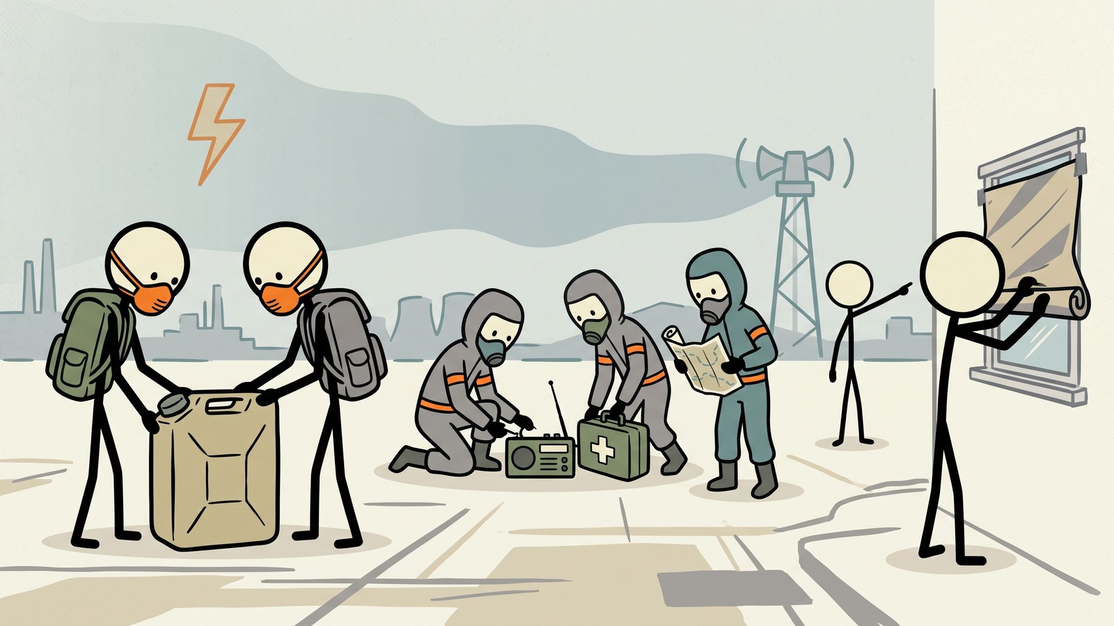 Illustration de style SC pour un guide complet destiné aux résidents de la côte du Golfe sur la façon de se préparer, de se protéger et d'évacuer en toute sécurité lors de fuites pétrochimiques industrielles et d'urgences liées aux matières dangereuses aggravées par des événements météorologiques violents.